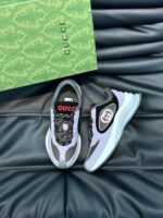 Sneakers Gucci di lusso con packaging verde, stile contemporaneo e dettagli sofisticati.