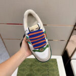 Sneaker di lusso con design colorato, dettagli moderni e materiali di alta qualità.