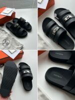 Sandali neri eleganti con cinturino doppio, suola antiscivolo e logo di alta moda.