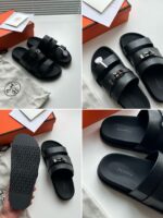 Sandali neri moderni con fibbia, elegante packaging e design minimalista, comodi e di alta qualità.