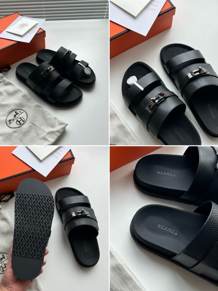 Sandali neri moderni con fibbia, elegante packaging e design minimalista, comodi e di alta qualità.