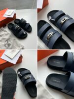 Sandali Hermès in pelle blu, design elegante, logo iconico e dettagli di alta qualità.