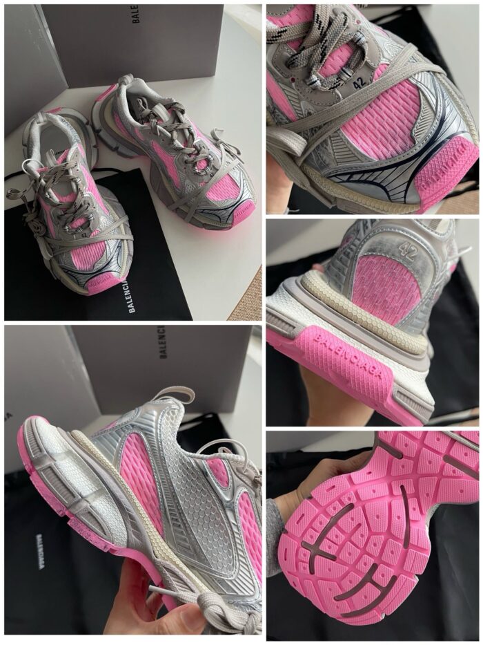 Scarpe sportive grigio e rosa con suola antiscivolo, design moderno e comfort ottimale.