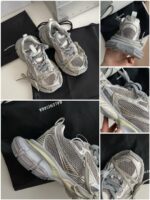 Scarpe da ginnastica moderne grigie con suola chunky e dettagli riflettenti, in sacchetto di pregio.