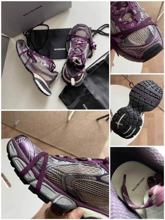 Scarpe sportive viola e grigio con suola antiscivolo, perfette per allenamenti e comfort massimo.
