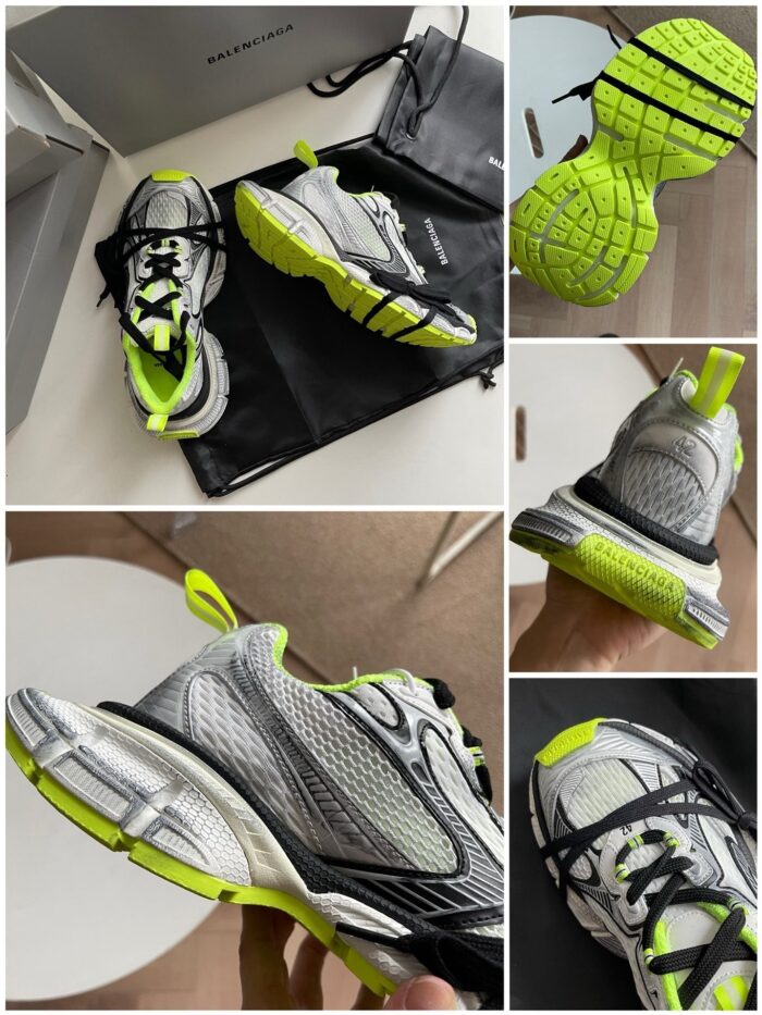 Scarpe da corsa moderne con dettagli neon giallo, design aerodinamico e suola antiscivolo