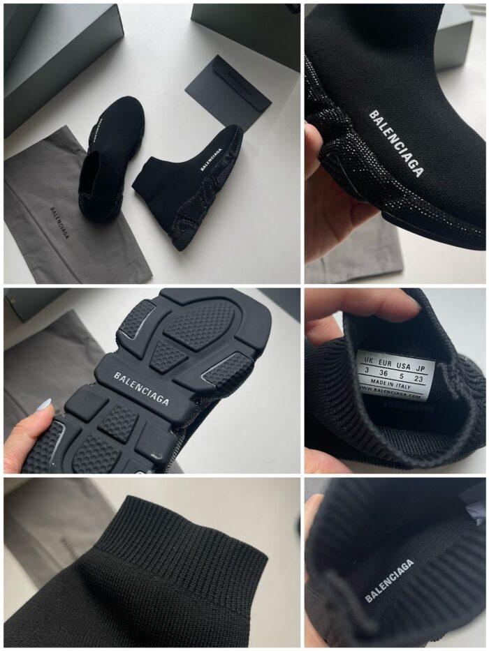 Sneakers Balenciaga nere, stile minimalista e di lusso, dettagli e suola textured.