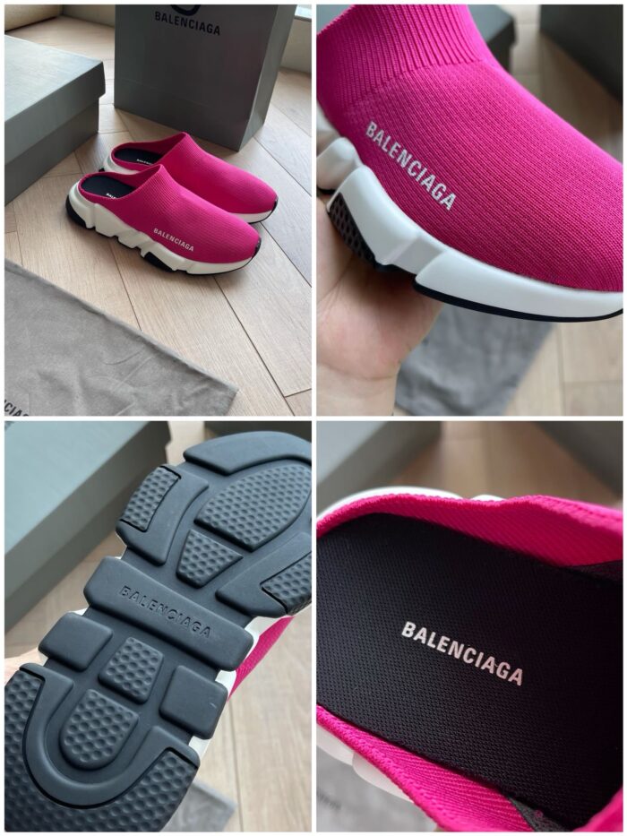 Scarpe Balenciaga rosa slip-on, design moderno, comfort e stile casual di lusso.