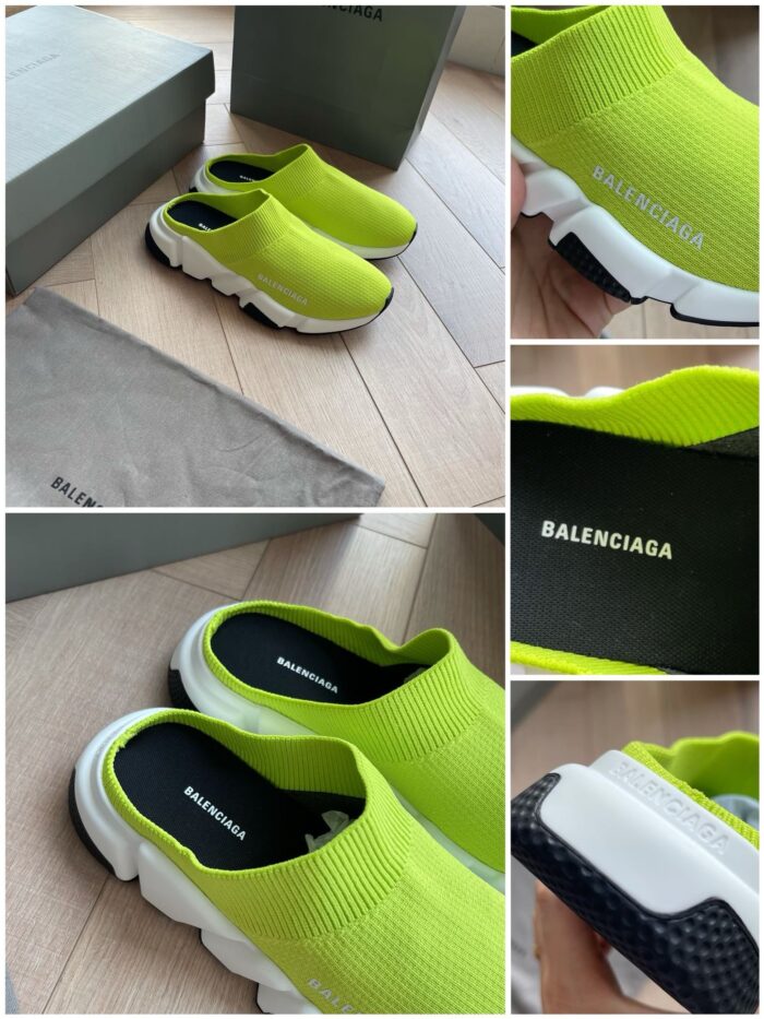 Sneaker neon verde Balenciaga, streetwear di lusso, comfort e design moderno su pavimento in legno.