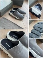 Scarpe slip-on Balenciaga grigie eleganti su pavimento minimalista con suola bianca moderna.