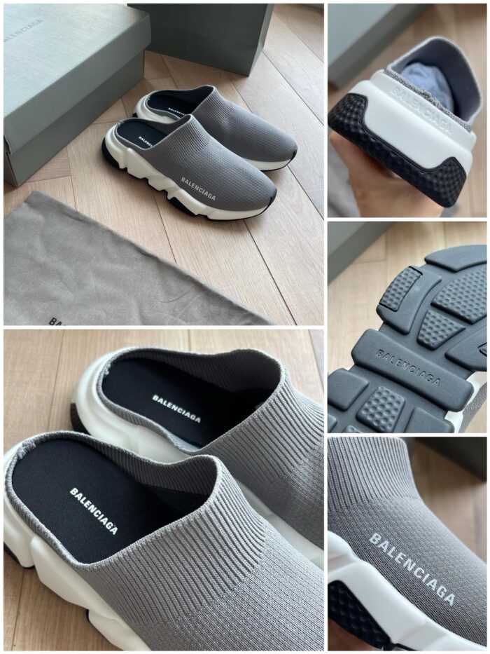 Scarpe slip-on Balenciaga grigie eleganti su pavimento minimalista con suola bianca moderna.