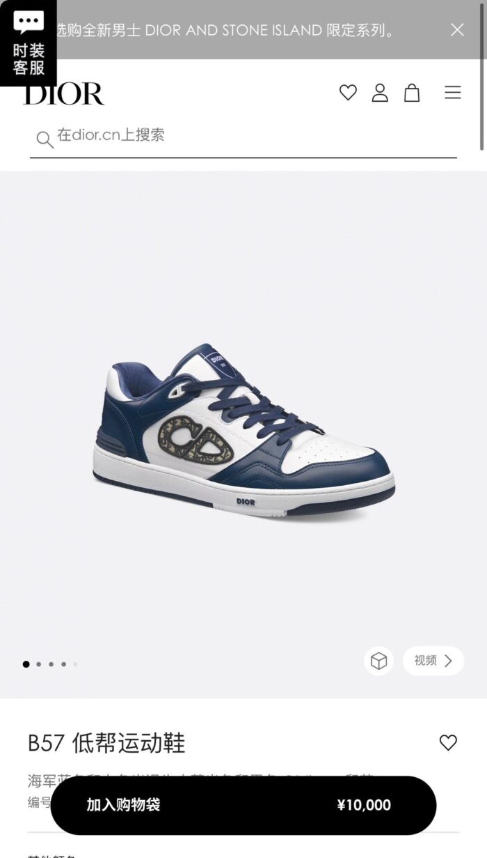 Sneakers Dior navy e bianco, eleganti e di lusso, stile moderno e dettagli di alta qualità.