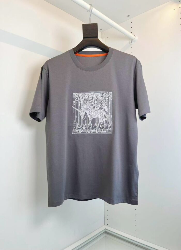 Maglietta grigia con grafica moderna, stile casual e design minimalista su sfondo neutro.