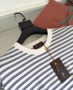 Camicia a righe blu e bianca, stile casual elegante con etichetta di marca premium.