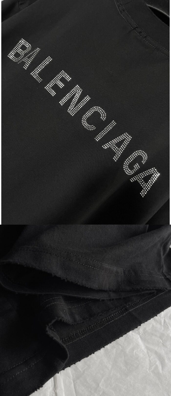 T-shirt Balenciaga nera, logo bianco bold, stile minimalista e di lusso per uomo.