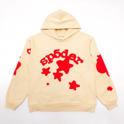 Felpa beige con grafica rossa sp5der e motivi colorati, stile casual e giovane.