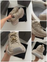 Scarpe sneakers beige eleganti con suola spessa, dettagli dorati e design moderno.