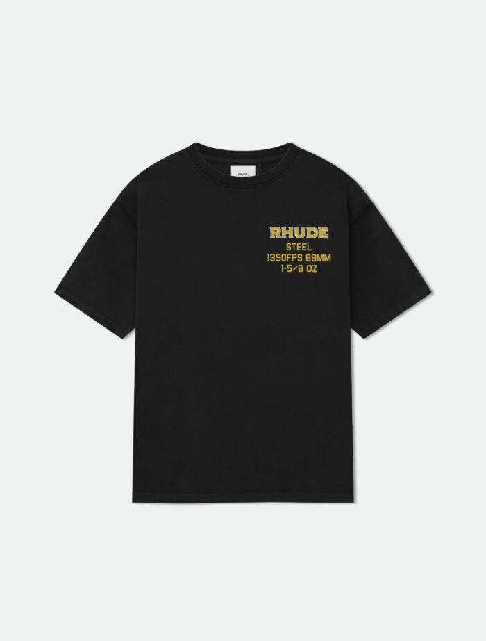 T-shirt nera RHUDE con logo giallo, stile casual, moderno e versatile.