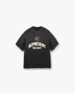 T-shirt nero streetwear con grafica REPRESENT, emblema stilizzato e design casual urbano.