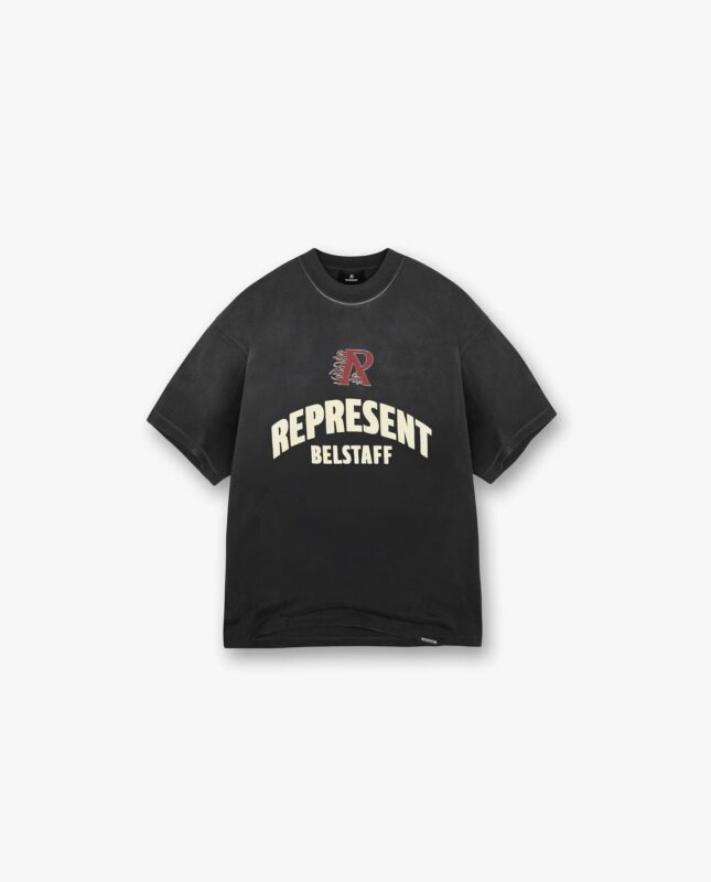 T-shirt nero streetwear con grafica REPRESENT, emblema stilizzato e design casual urbano.