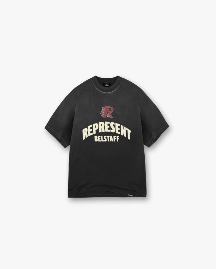 T-shirt nero streetwear con grafica REPRESENT, emblema stilizzato e design casual urbano.