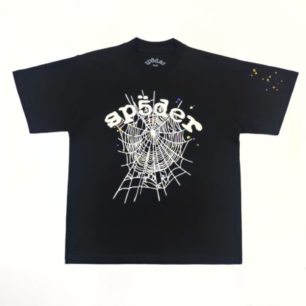 T-shirt nero con grafica ragno, ragnatela, spruzzi di colori e stile casual trendy.