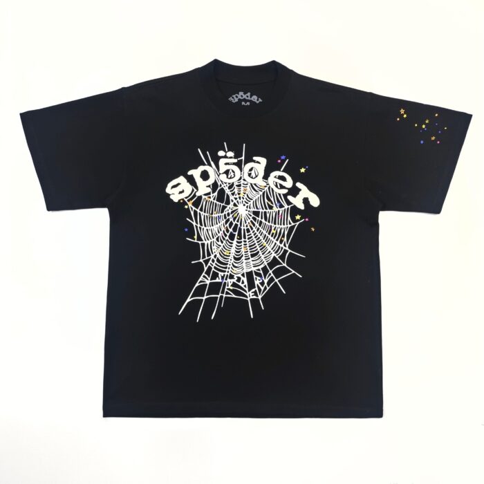 T-shirt nero con grafica ragno, ragnatela, spruzzi di colori e stile casual trendy.