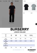 Maglia Polo Burberry blu e grigia con tabella taglie e logo, stile moderno e di lusso.
