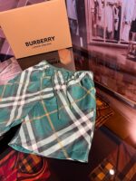 Pantaloncini Burberry verdi con fantasia check, eleganti e di lusso, in esposizione raffinata.