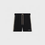 Shorts neri Celine con strisce sportive e logo discreto, stile elegante e comfort versatile.