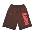 Pantaloncini marroni estivi con stampa Rodeo rossa, stile casual, distressed e vita elastica.