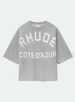 Maglietta grigia casual con logo Rhude e Côte dAzur, stile sportivo e trendy.