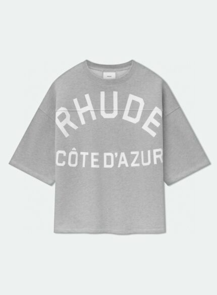 Maglietta grigia casual con logo Rhude e Côte dAzur, stile sportivo e trendy.