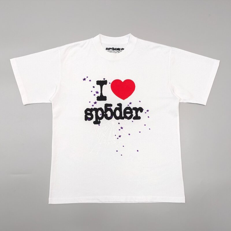 T-shirt bianco casual con grafica colorata I Love Sp5der e dettagli vivaci.
