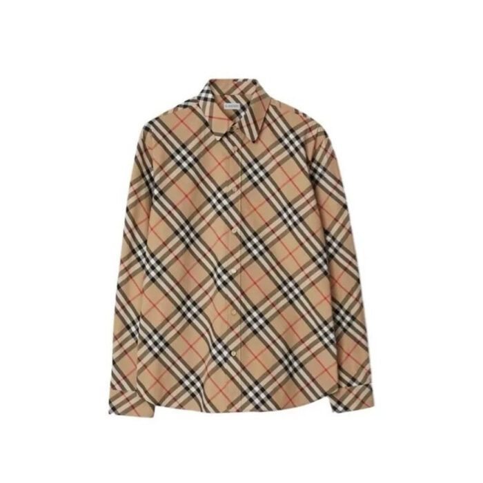 Camicia a quadri beige, rossa e nera, classica e versatile per uomo.