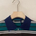 Polo uomo con collo blu e righe colorate, stile casual elegante, da indossare in estate.