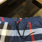 Shorts da spiaggia blu a quadri con elastico e laccio, perfetti per il mare e il relax.