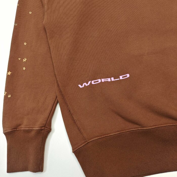 Felpa marrone con stelle decoro e scritta WORLD rosa, stile casual e alla moda.
