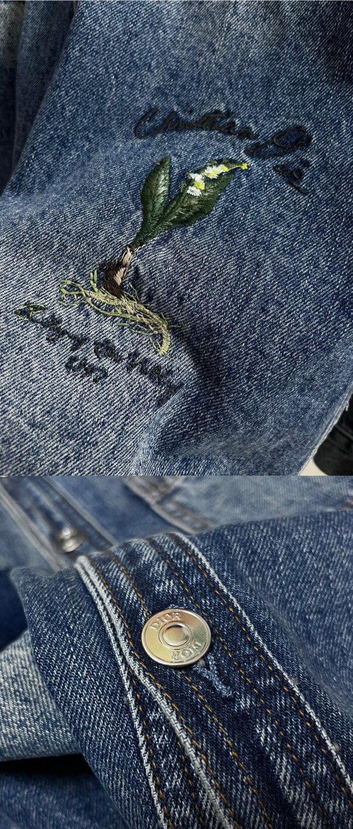 Dettaglio di ricamo di pianta verde su denim con bottone metallico, stile eco-friendly e vintage.