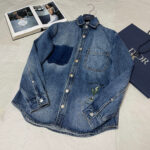 Camicia jeans di lusso con ricamo verde e dettaglio elegante, accompagnata da shopping Dior.