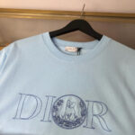 Maglietta Dior azzurro chiaro con logo e design artistico gatto, stile moderno e raffinato.