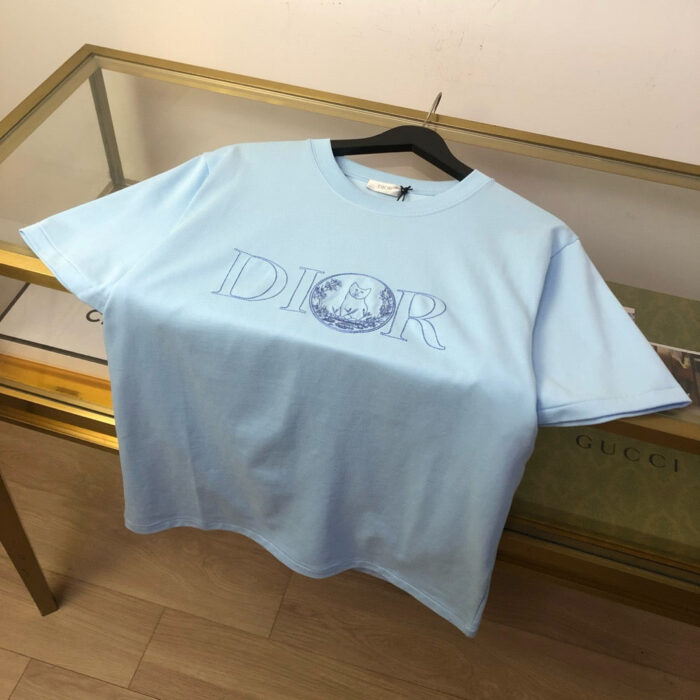 T-shirt Dior blu pastello elegante su esposizione di lusso, dettagli raffinati e design di alta moda