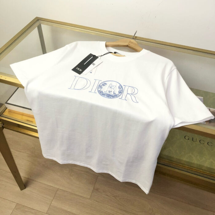 Maglietta Dior bianca con logo blu, moda di lusso e stile sofisticato.