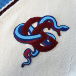 Ricamo di serpenti colorati su tessuto di alta qualità, dettaglio elegante e simbolico.
