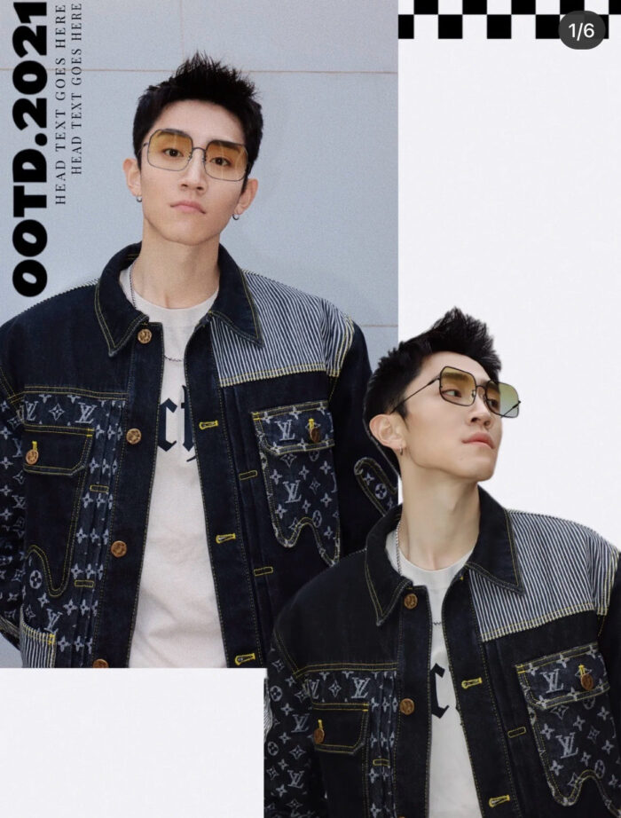 Giovane uomo con giacca denim patchwork e occhiali eleganti, stile urbano 2021.