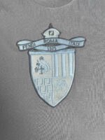 Emblema Fendi Roma Italia 1925 su tessuto grigio, logo di lusso e moda italiana.