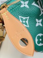 Borsa Louis Vuitton verde con dettaglio in pelle tan e pattern iconico.