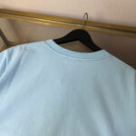 T-shirt azzurro casual in cotone su appendiabiti nero, stile semplice e raffinato.