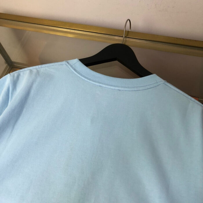T-shirt azzurro casual in cotone su appendiabiti nero, stile semplice e raffinato.