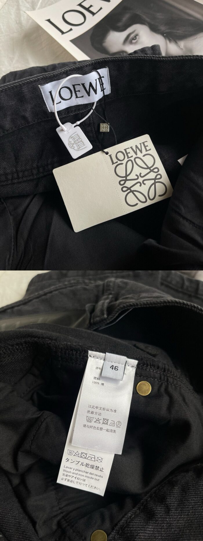 Etichetta Loewe di lusso su abbigliamento elegante, con rivista di moda sullo sfondo.